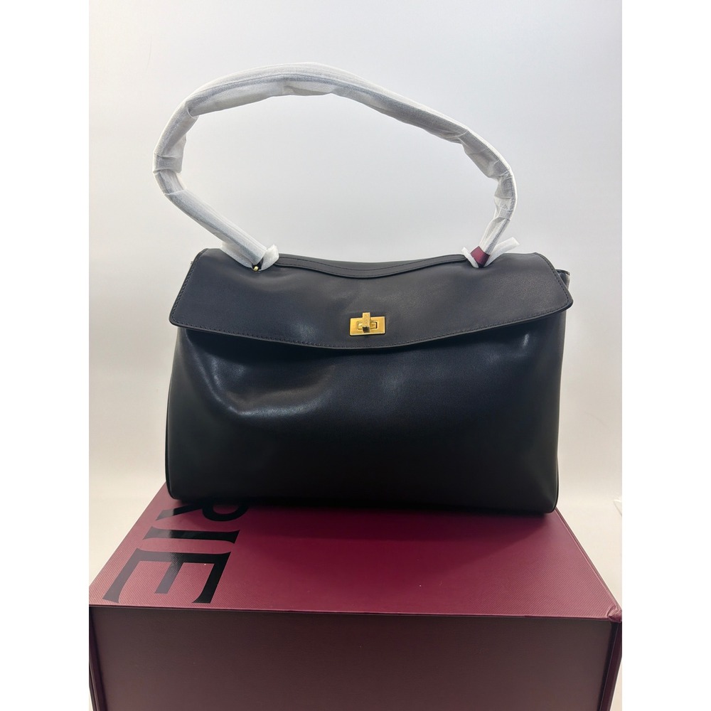 AVALEA Black Leather Turn-Lock Satchel Top Handle Bag Gold Hardware NWT